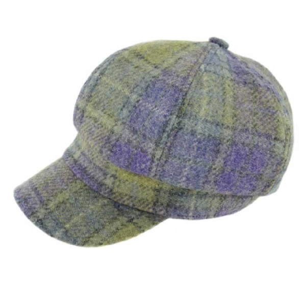Harris Tweed One Size Ladies Cap in Muted Lilac / Lime Green Tartan