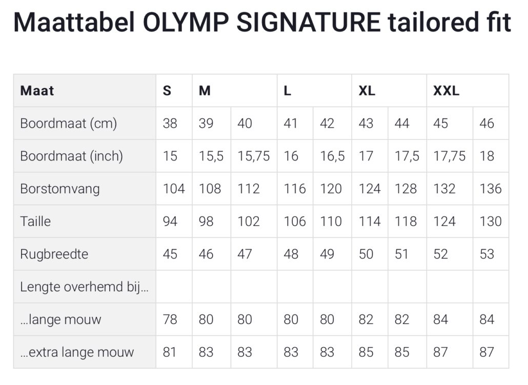 Olymp maattabel deals